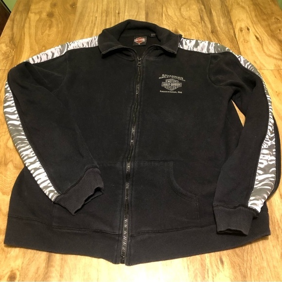 Y2K 2005 Harley Davidson Shiny Silver Stripe Sleeves Full Zip Sweatshirt XL - Picture 1 of 8